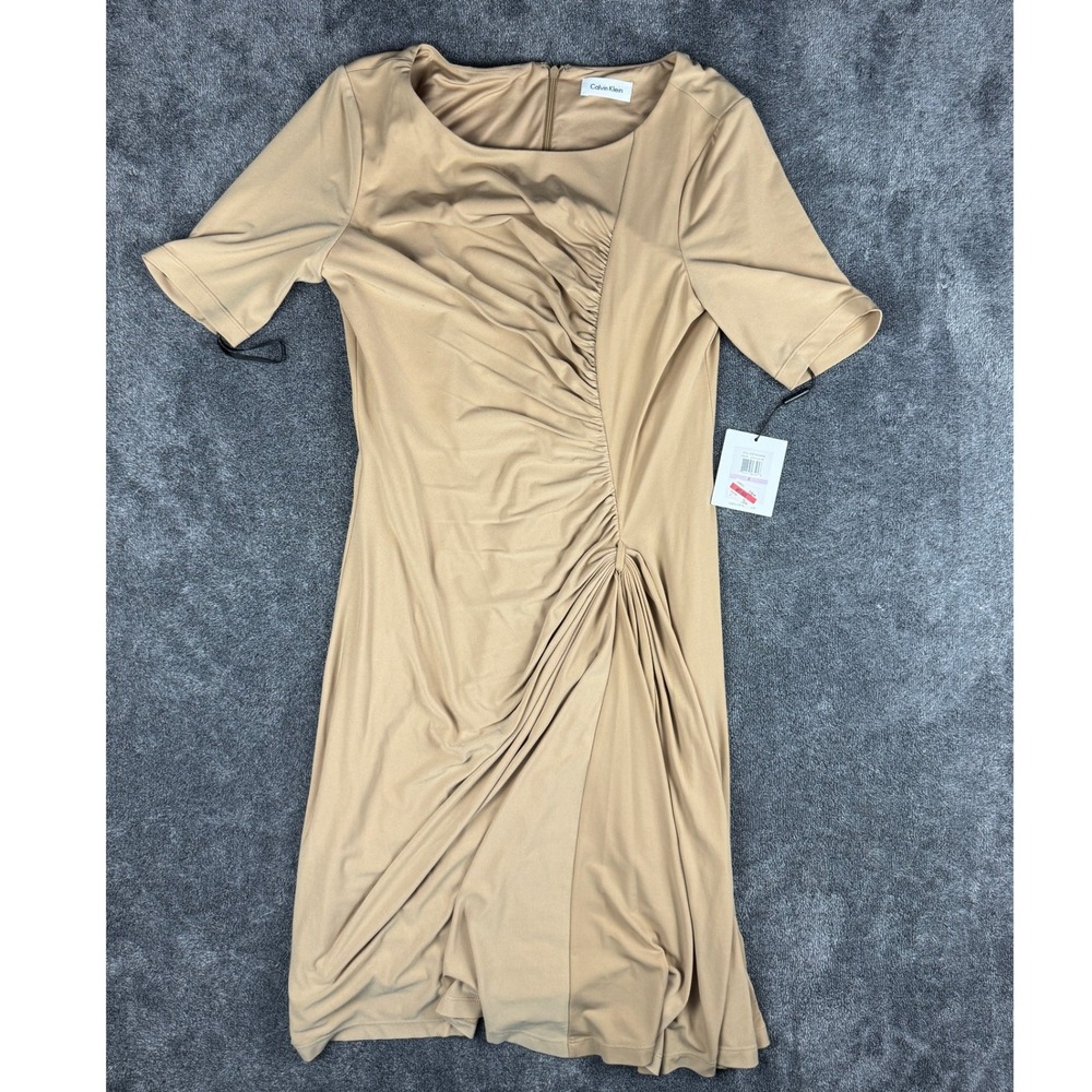 NWT Calvin‎ Klein Ruched Midi Dress Camel Beige Long Sleeve Bodycon Size 6